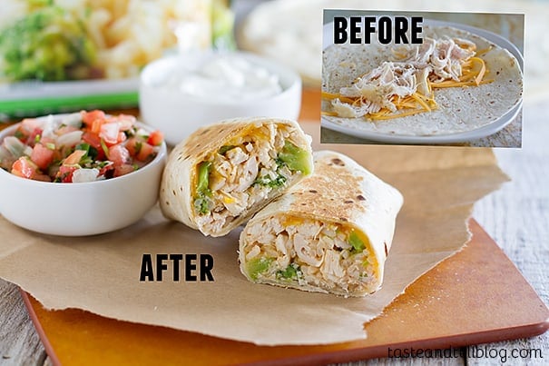 Grilled Chicken Burritos before and Chicken and Broccoli Grilled Burritos After