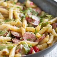 Skillet with pasta and sausaage