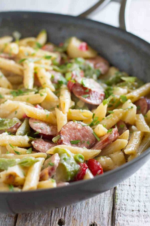 Skillet with pasta and sausaage