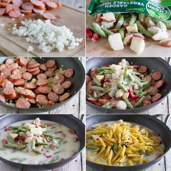 photos of steps to make skillet pasta with sausage