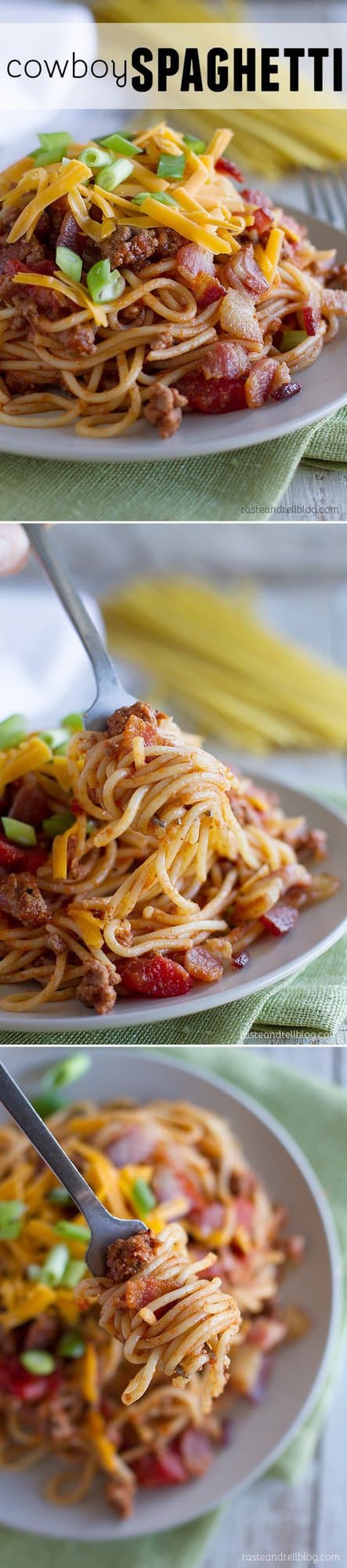 A change up from traditional Italian spaghetti and meat sauce, this Cowboy Spaghetti adds in bacon and cheddar cheese for an American twist on a classic.