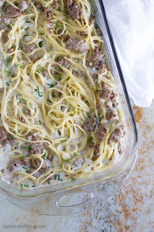 Easy and comforting Beef and Blue Cheese Baked Spaghetti