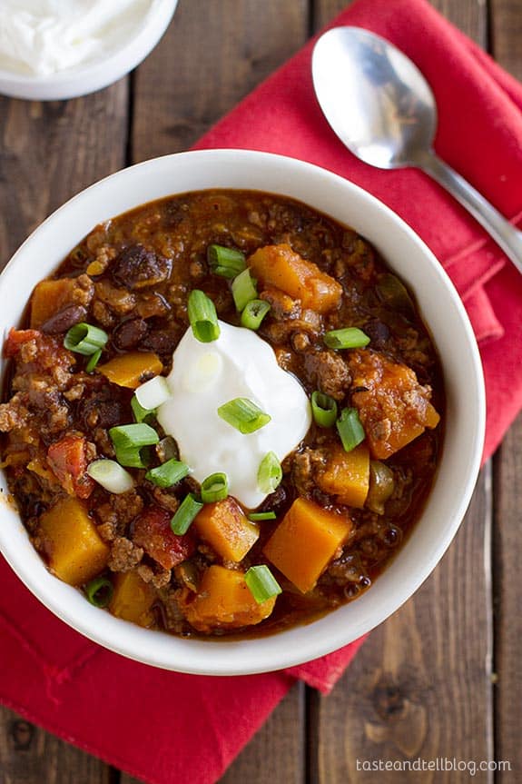 Butternut Squash Chili with Beef - the perfect bowl of chili to warm up with on a cold night!