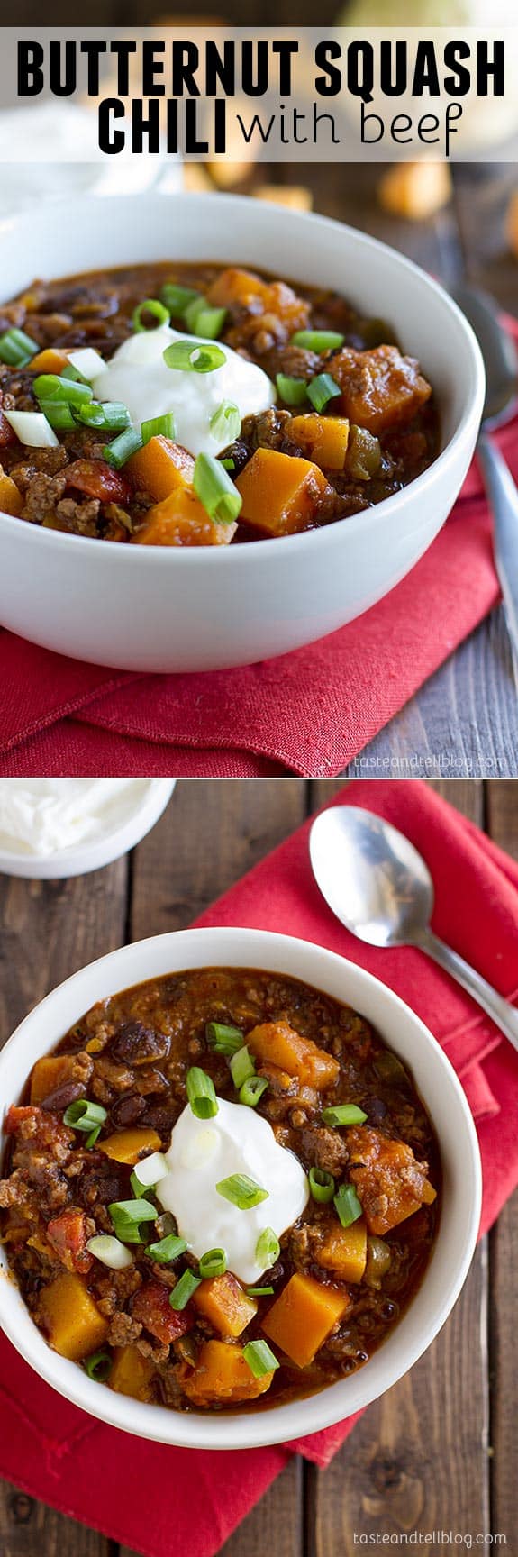 Butternut Squash Chili with Beef - Butternut squash, black beans, and ground beef star in this flavor packed Butternut Squash Chili with Beef.