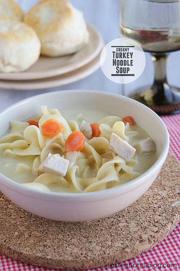 The perfect leftover soup, this Creamy Turkey Noodle Soup is ideal for Thanksgiving leftovers, but is a great way to use up leftover chicken, as well!