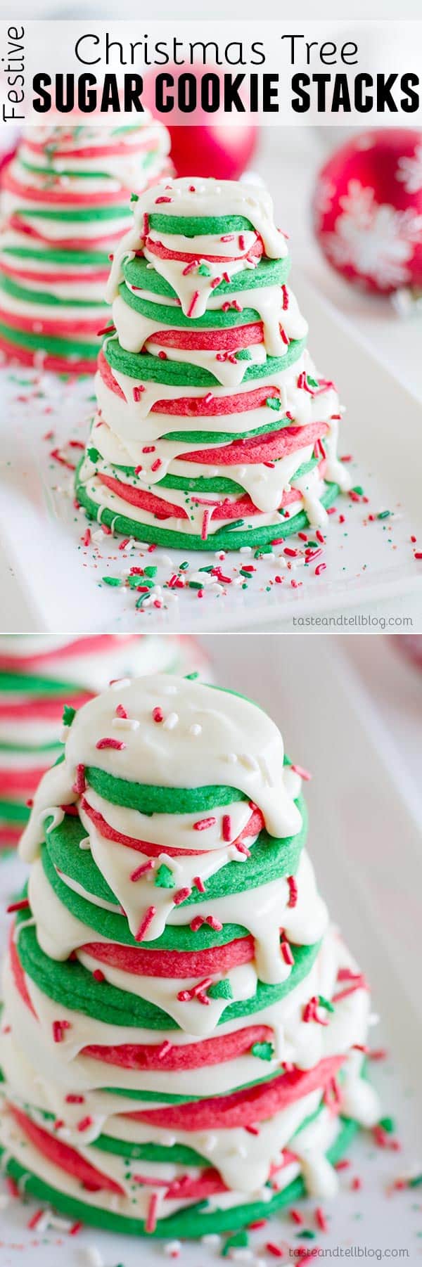 Festive Christmas Tree Sugar Cookie Stacks - a fun way to turn sugar cookies into an edible centerpiece or gift!