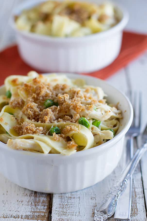 This Garlic Parmesan Chicken Pasta is made easy by using precooked, shredded chicken. A garlic parmesan sauce coats the chicken and homestyle noodles in this fast and comforting casserole.