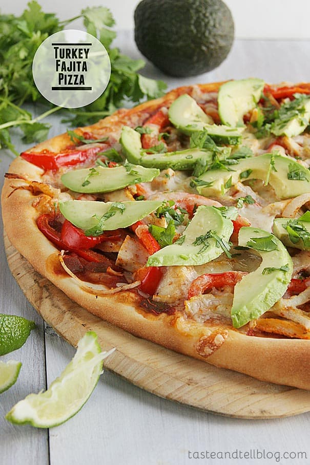 This Turkey Fajita Pizza has all the flavors of fajitas, on top of a pizza! Leftover chicken could also be substituted.