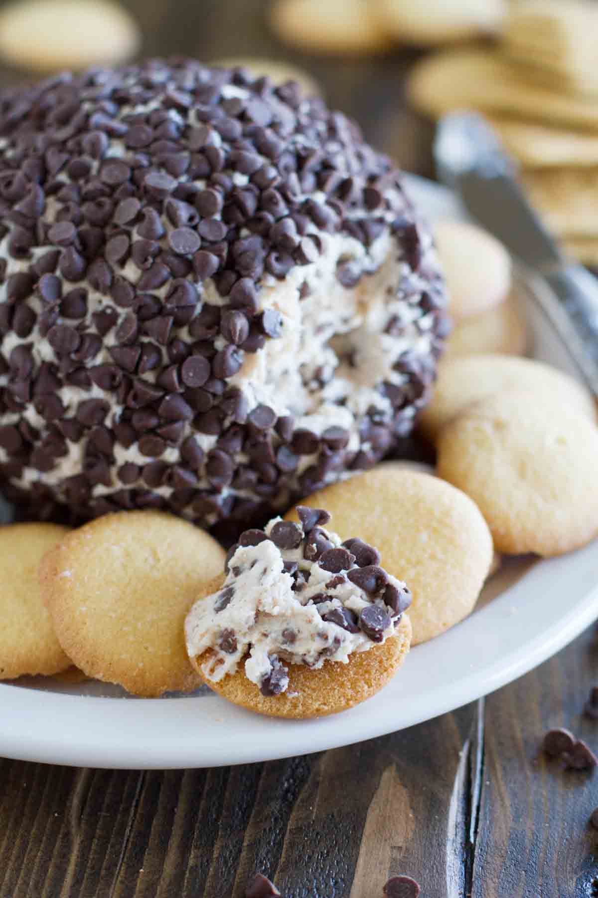 Cannoli Cheese ball on a plate surrounded by vanilla wafers.