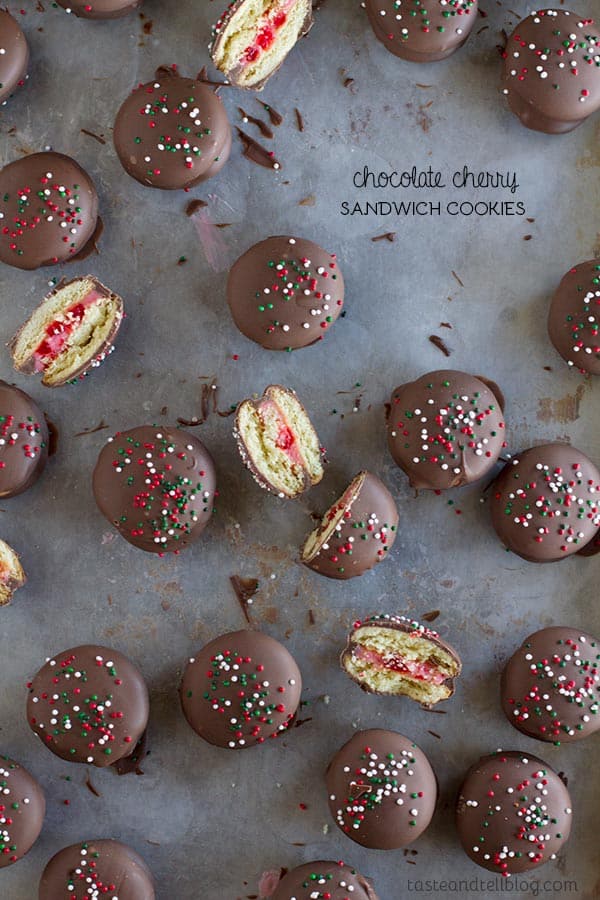 Chocolate Cherry Sandwich Cookies - these no bake cookies are festive and perfect for gift giving.