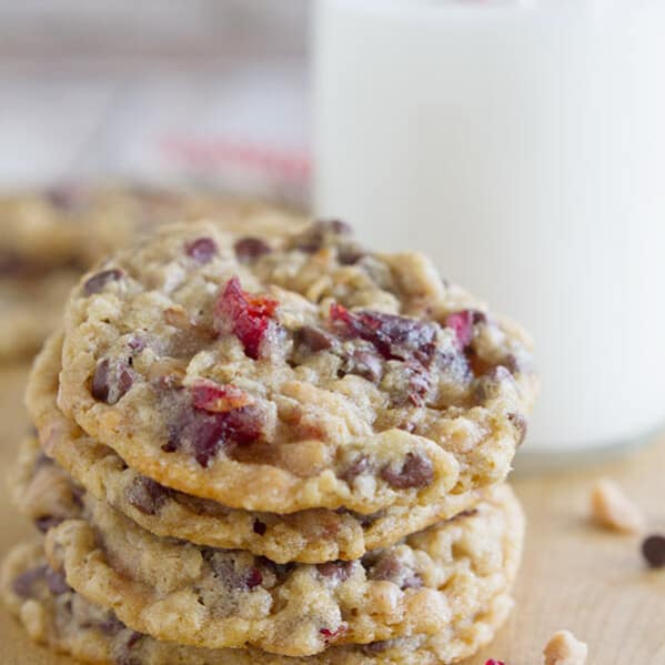 Chocolate Toffee Cranberry Cookies - soft oatmeal cookies that are crammed full of all kinds of goodies!