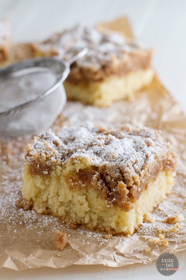 This Crumb Cake Recipe has a moist cake that is topped with a thick layer of crumb topping. This is the BEST crumb cake recipe!