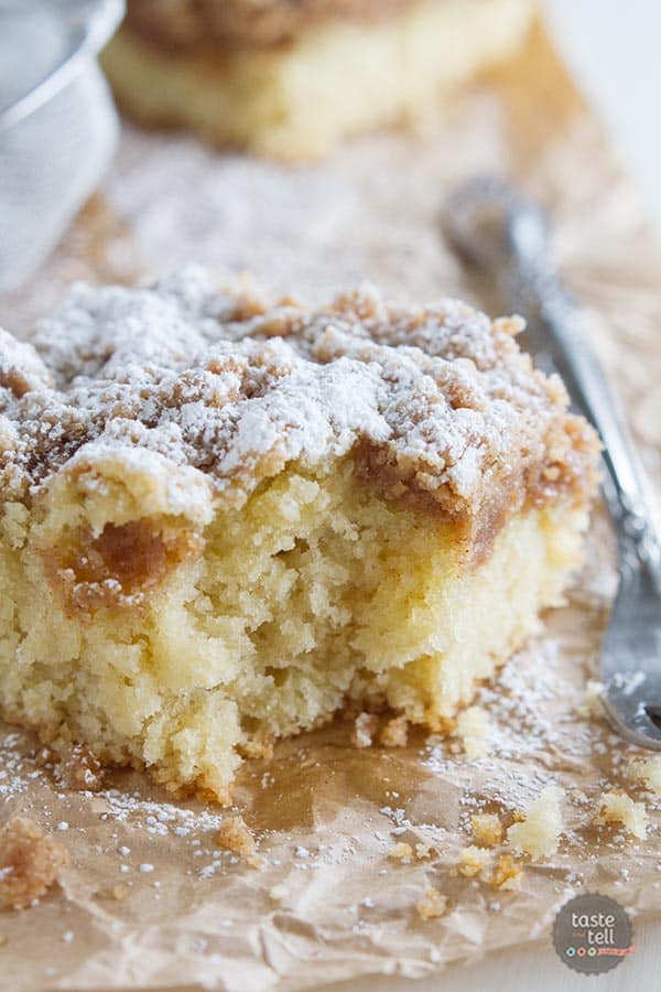 A thick layer of sweet crumbs tops a tender and moist cake in this Crumb Cake Recipe.