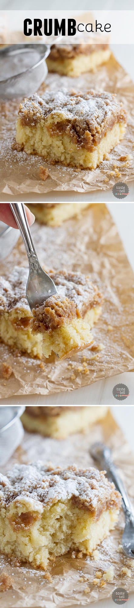 This Crumb Cake Recipe has a moist cake that is topped with a thick layer of crumb topping. This is the BEST crumb cake recipe!