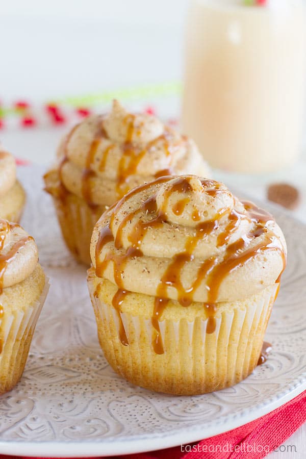 Moist and flavorful eggnog cupcakes are topped with a caramel eggnog buttercream in these festive and seasonal Eggnog Cupcakes with Caramel Eggnog Buttercream.