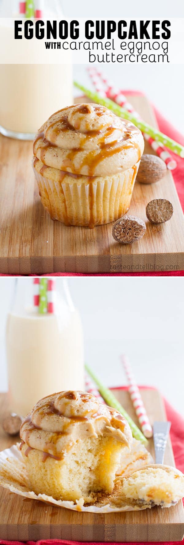 Moist and flavorful eggnog cupcakes are topped with a caramel eggnog buttercream in these festive and seasonal Eggnog Cupcakes with Caramel Eggnog Buttercream.