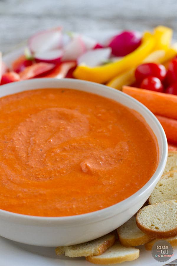 Looking for a super easy appetizer idea?  This Feta and Roasted Red Pepper Dip is only 2 ingredients and can be done in 5 minutes!!