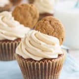 Tis the season! These Gingerbread Cookie Cupcakes have a gingerbread cookie bottom topped with a gingerbread cupcake. Then they are topped off with a brown sugar cream cheese frosting and another gingerbread cookie for triple gingerbread love!