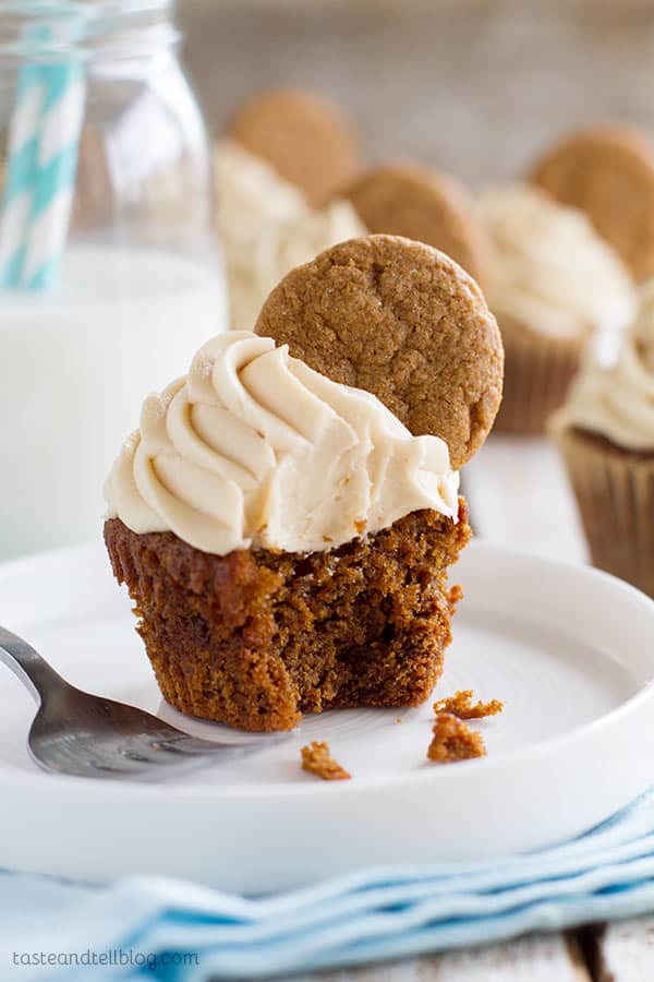 Gingerbread cupcakes have a gingerbread cookie crust and a brown sugar cream cheese frosting. Top them off with another gingerbread cookie for a festive Christmas treat!