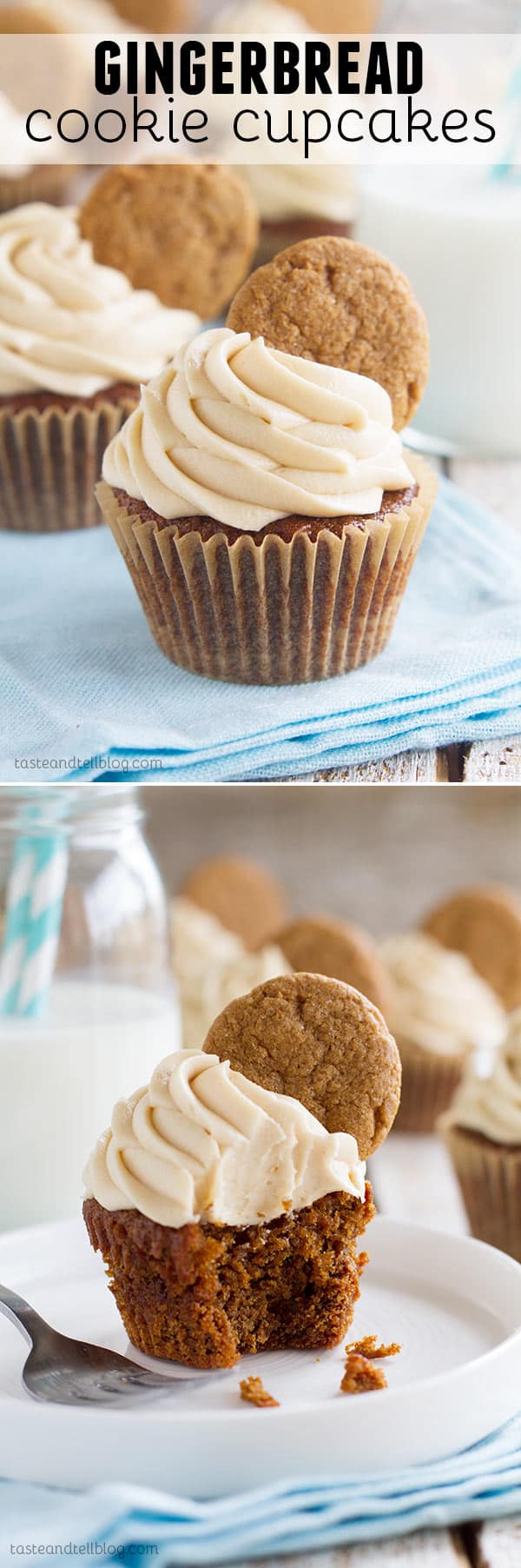 Tis the season! These Gingerbread Cookie Cupcakes have a gingerbread cookie bottom topped with a gingerbread cupcake. Then they are topped off with a brown sugar cream cheese frosting and another gingerbread cookie for triple gingerbread love!