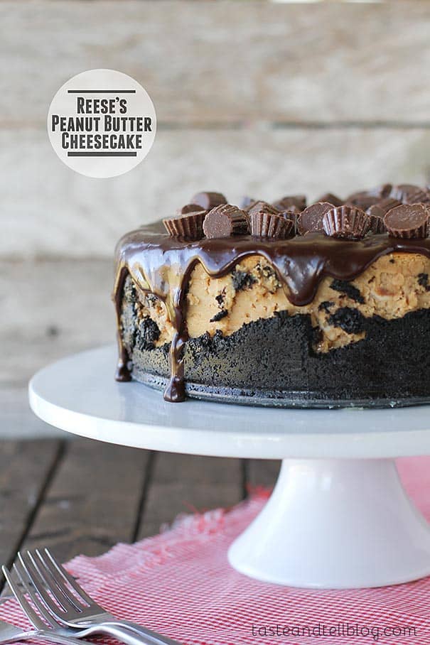 Rich and decadent, this peanut butter cheesecake starts with a cookie crust, is filled with Reese’s Peanut Butter Cups, then topped with a chocolate ganache and even more peanut butter cups.