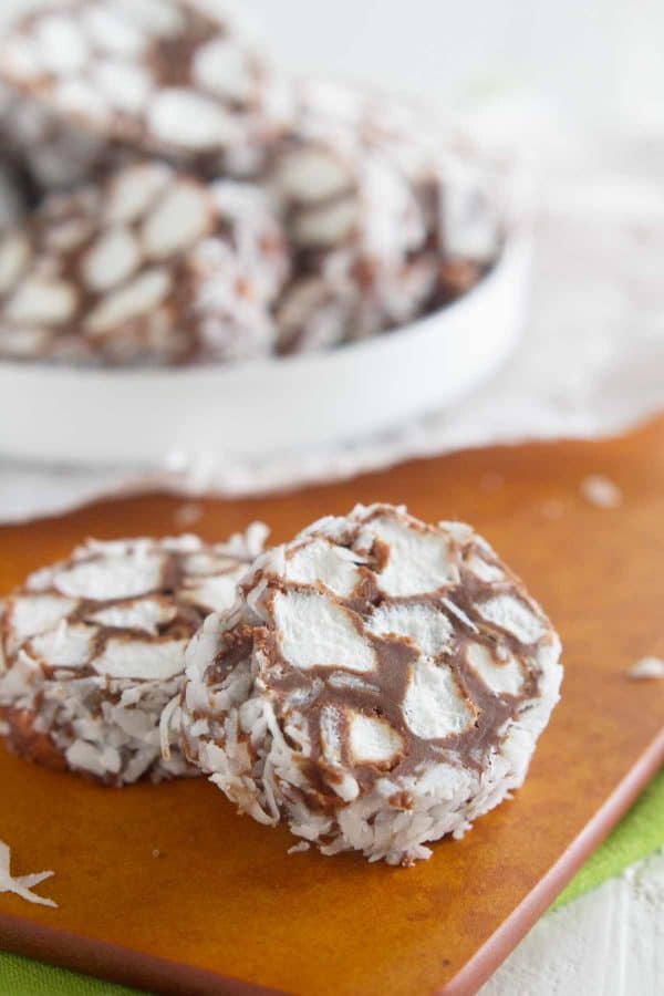 An old fashioned homemade candy - this Shaggy Dog Candy Recipe is perfect for the Christmas plate! Chocolate and marshmallows are rolled in coconut in this decadent treat.
