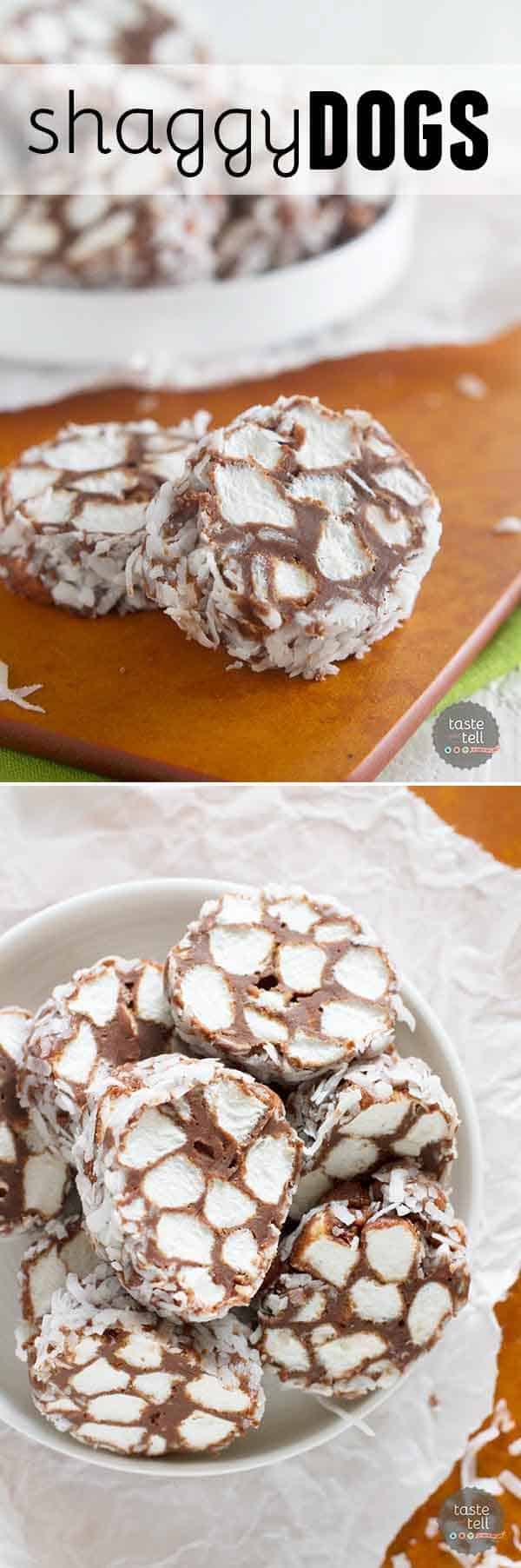 An old fashioned homemade candy - this Shaggy Dog Candy Recipe is perfect for the Christmas plate! Chocolate and marshmallows are rolled in coconut in this decadent treat.