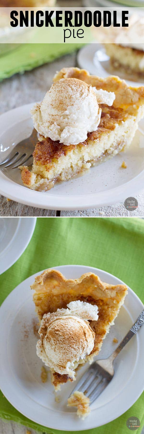 Pie meets snickerdoodle cookie in this addictive Snickerdoodle Pie.  A pie crust is topped with a soft snickerdoodle cookie center and a cinnamon caramel sauce.  Serve with ice cream for a delicious dessert!