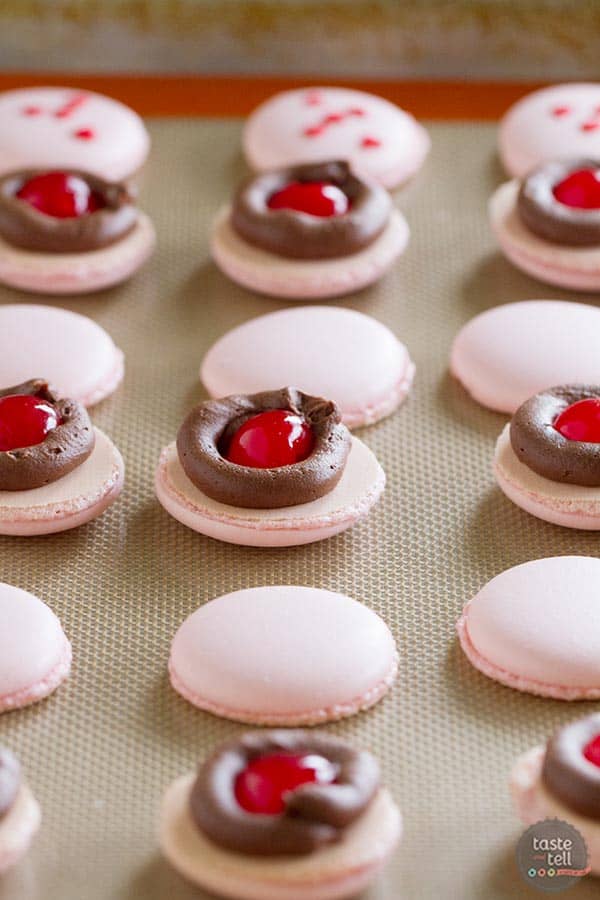 Inside of Chocolate Cherry French Macarons