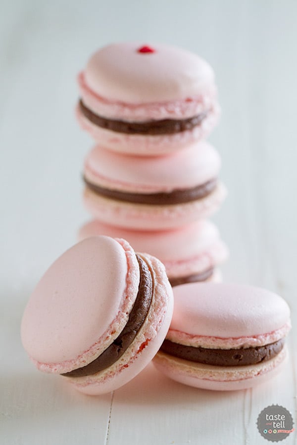 Chocolate Cherry French Macarons - French macarons filled with a maraschino cherry and chocolate buttercream.