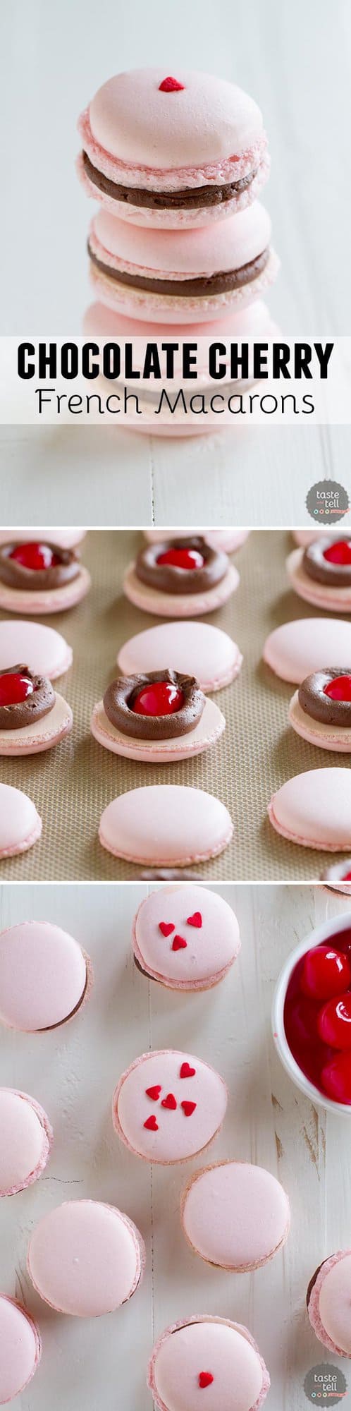 French macarons, made using the Italian Meringue Method, are filled with a chocolate buttercream and a maraschino cherry.  These chocolate cherry French Macarons are the perfect way to jazz up a chocolate covered cherry!