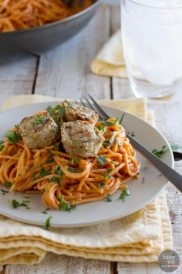 Creamy One Pot Spaghetti with Meatballs recipe on www.tasteandtellblog.com