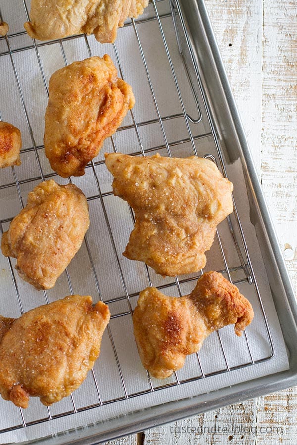 Chicken thighs are coated in a thin powdered peanut butter and flour coating in this Georgia Peanut Fried Chicken that is not your typical fried chicken recipe!