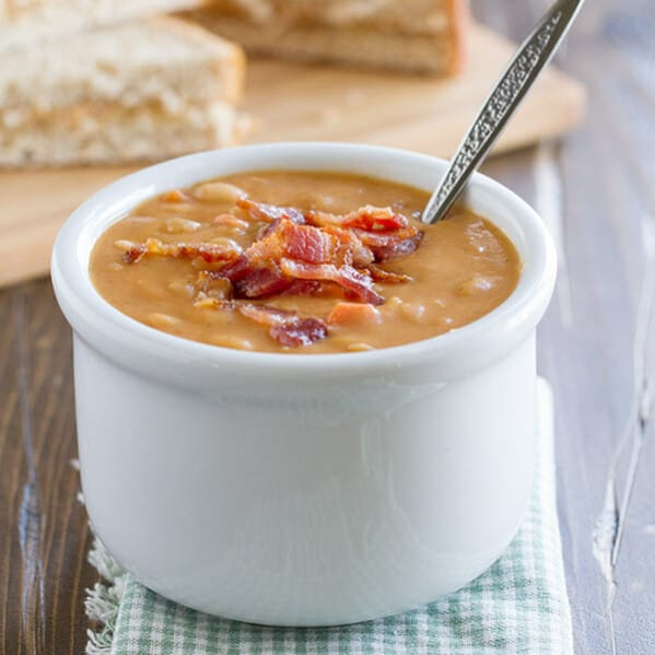 Skip the can - this Homemade Bean and Bacon Soup is hearty and filling and filled with veggies and chunks of bacon!