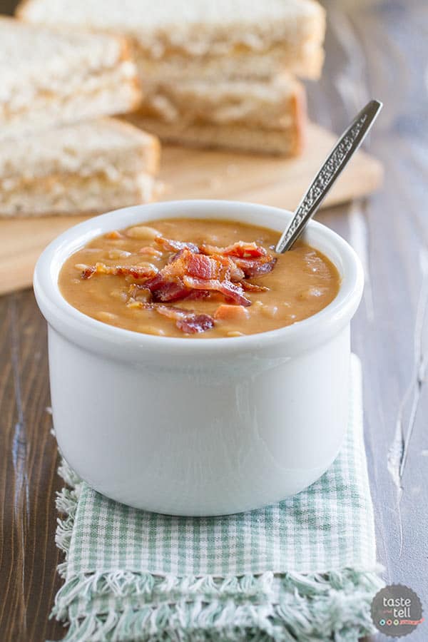 Skip the can - this Homemade Bean and Bacon Soup is hearty and filling and filled with veggies and chunks of bacon!