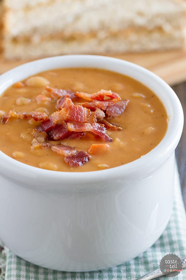 Skip the can - this Homemade Bean and Bacon Soup is hearty and filling and filled with veggies and chunks of bacon!