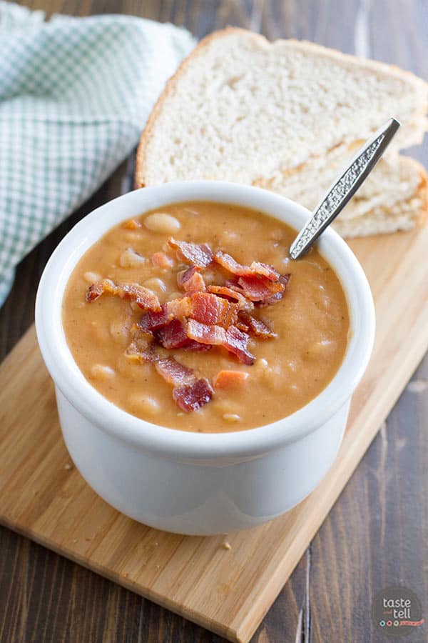 Skip the can - this Homemade Bean and Bacon Soup is hearty and filling and filled with veggies and chunks of bacon!