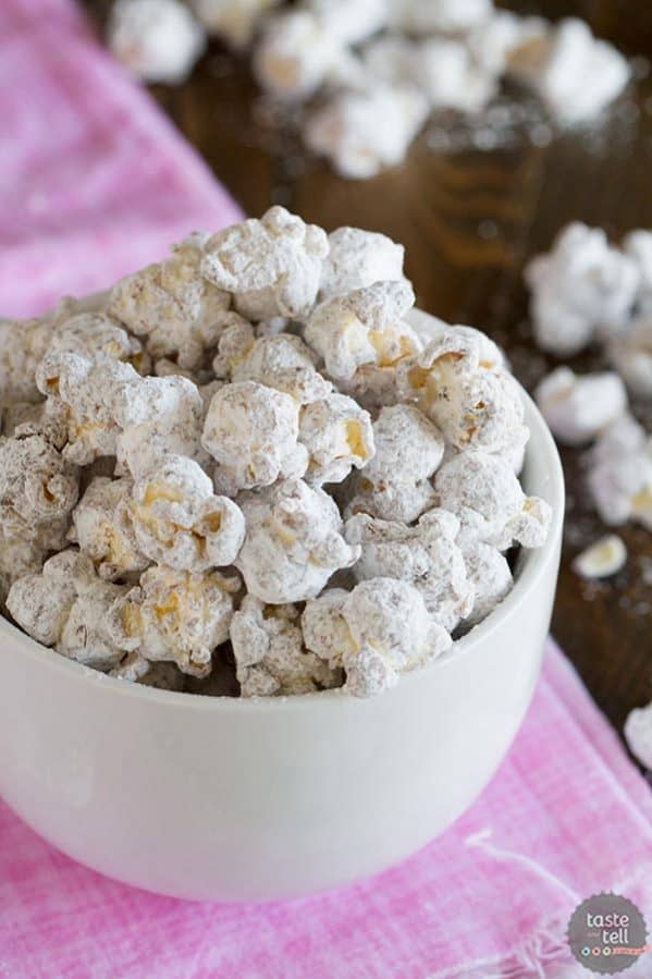 Muddy Buddy Popcorn - the perfect chocolate and peanut butter combination!