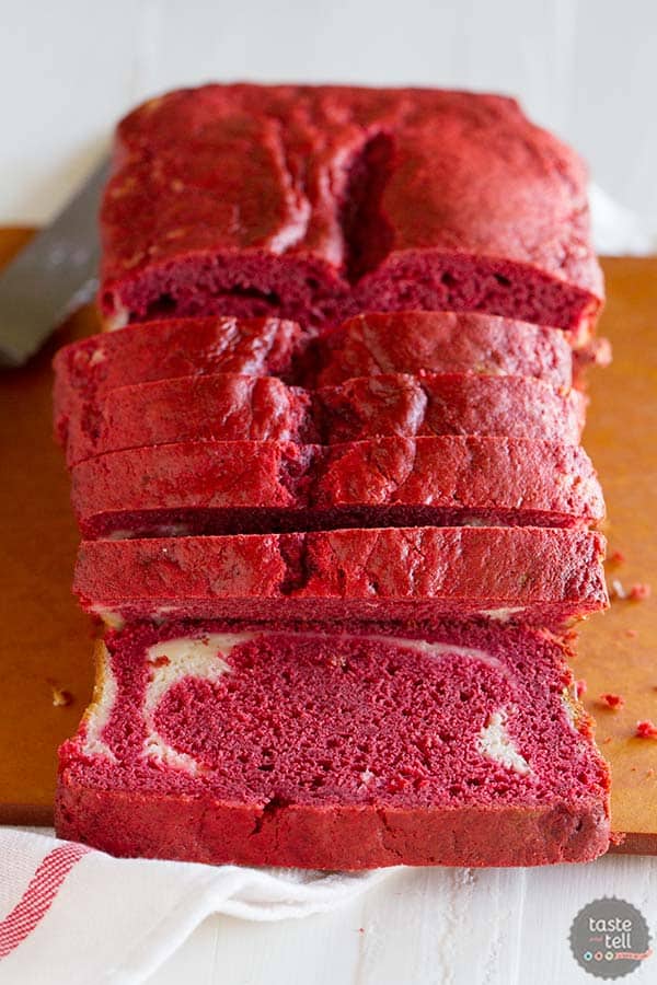 Double the cream cheese - a cream cheese red velvet quick bread has a ribbon of cream cheese filling. On Taste and Tell.