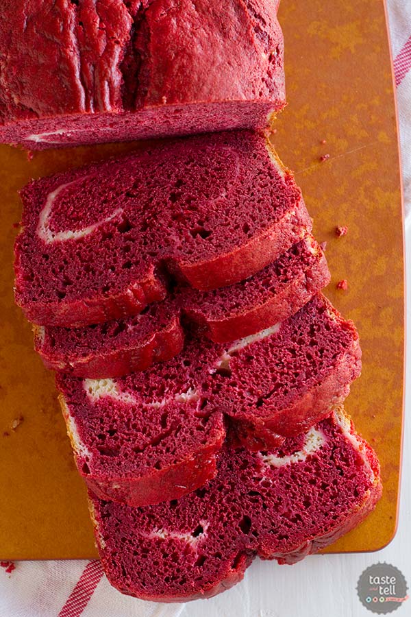 This Red Velvet Quick Bread has a ribbon of cream cheese filling throughout. 