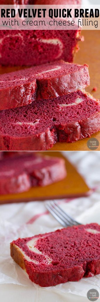 A tender and moist red velvet quick bread is filled with a cream cheese filling in this Red Velvet Quick Bread with Cream Cheese Filling.