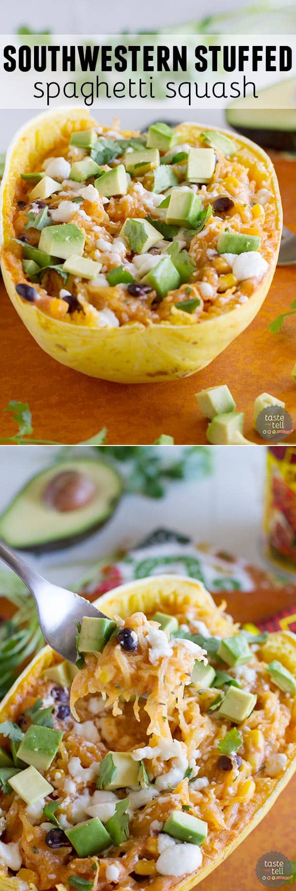 Southwestern Stuffed Spaghetti Squash -  This Southwestern inspired stuffed spaghetti squash is a great way to change things up for a meatless meal during the week.  It’s easy and fast and good for you!