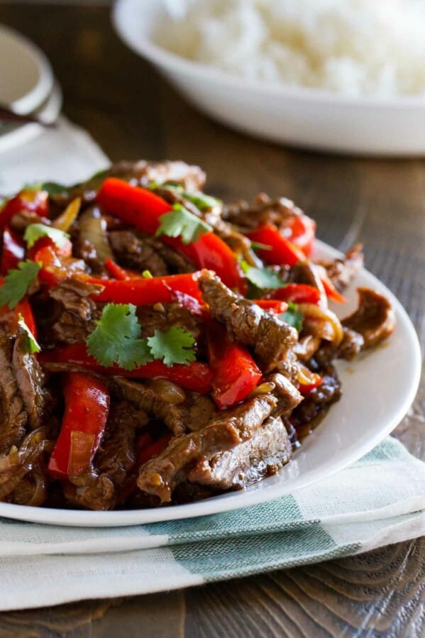 Steak Stir Fry Recipe with Peppers topped with cilantro