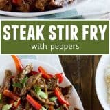 Steak Stir Fry Recipe with Peppers collage with text bar in the middle