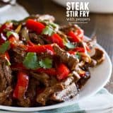 Steak Stir Fry Recipe with Peppers with text overlay