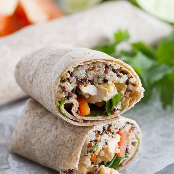 Quinoa and chicken are combined with quinoa, coconut milk, chiles and other veggies in these easy Thai Chicken Wraps that are a great recipe for lunch or an easy dinner.