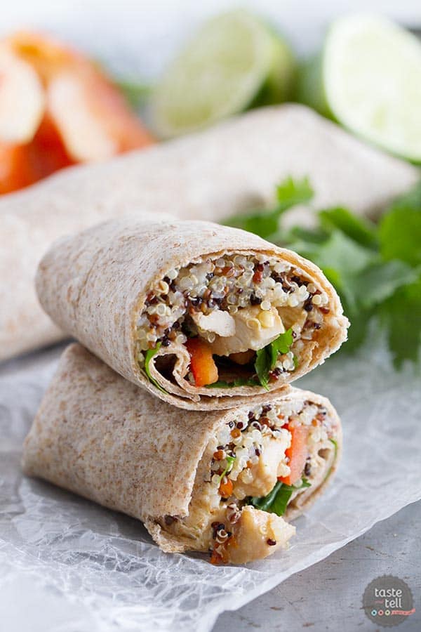 Quinoa and chicken are combined with quinoa, coconut milk, chiles and other veggies in these easy Thai Chicken Wraps that are a great recipe for lunch or an easy dinner.