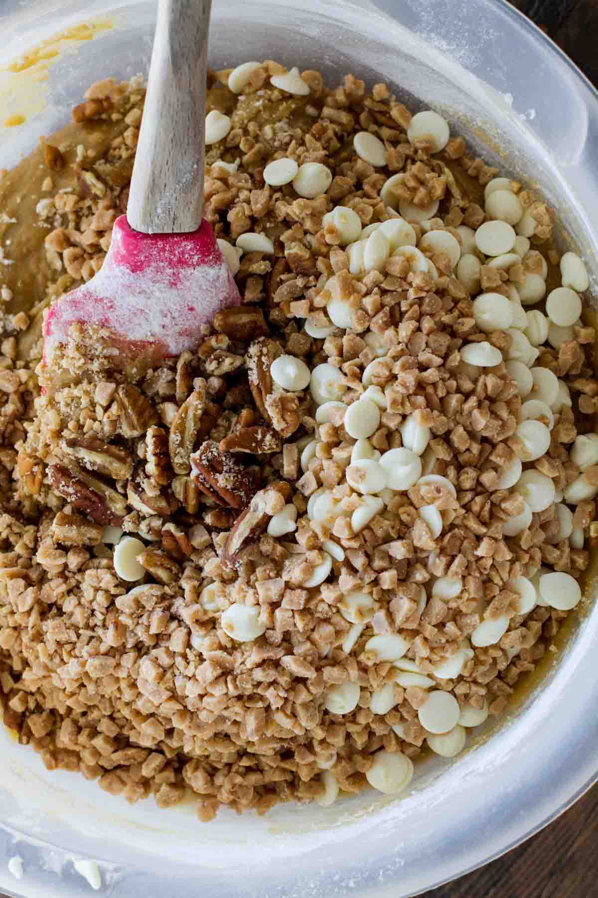 Blondie Ingredients in a bowl being mixed together