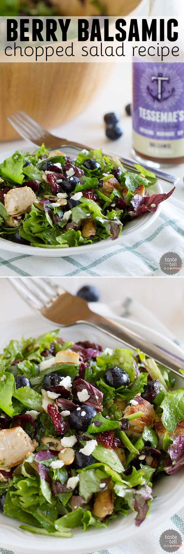 Sweet, tart and salty, this Berry Balsamic Chopped Salad Recipe with Grilled Chicken is perfect for a light dinner or lunch, or great as a side dish.