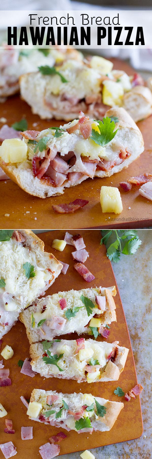 A great use of leftover ham, this French Bread Hawaiian Pizza has ham, bacon, pineapple and lots of cheese, all baked on top of a loaf of French Bread.